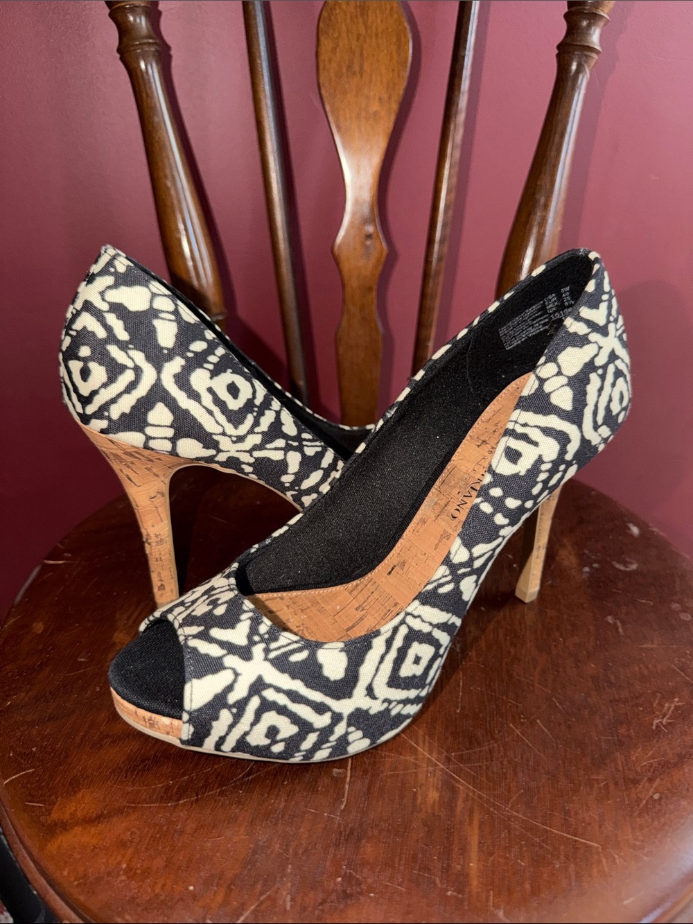 Christian Siriano Black and Cream Patterned Peep-Toe Heels